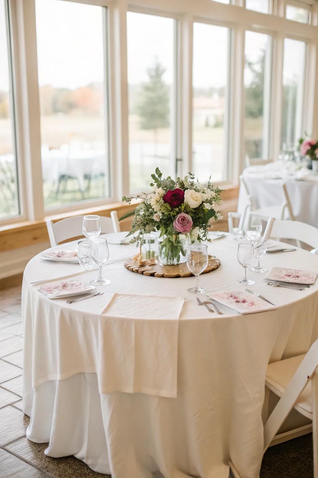 Understated elegance with a linen tablecloth in a bright setting.