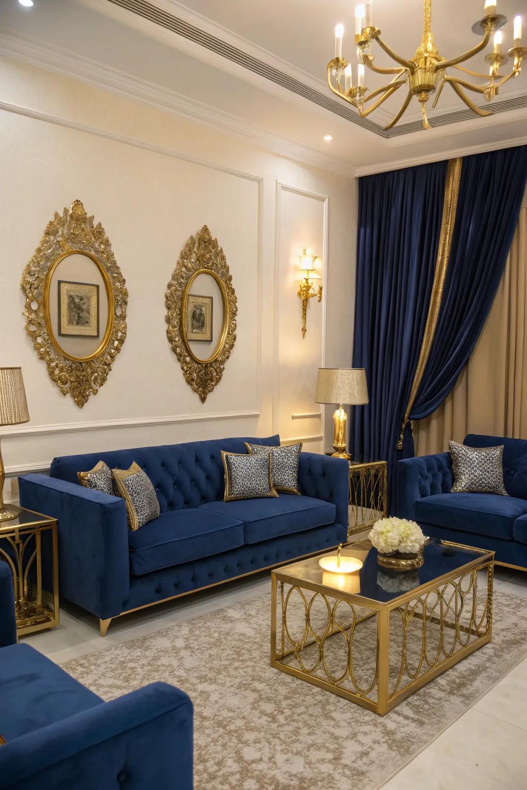 Metal features add a luxurious glimmer to a sapphire-themed space.