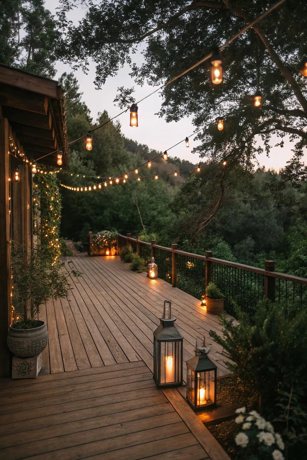 Festoon lights and sconces introduce an enchanting radiance to this country-style veranda.