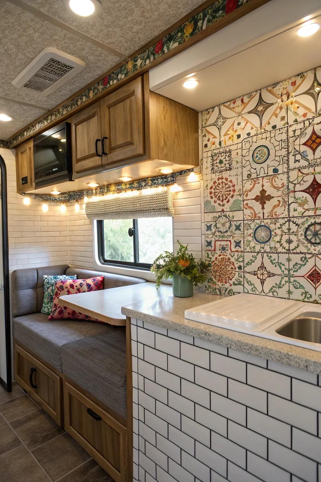 Textured surfaces add depth and interest to this RV interior.