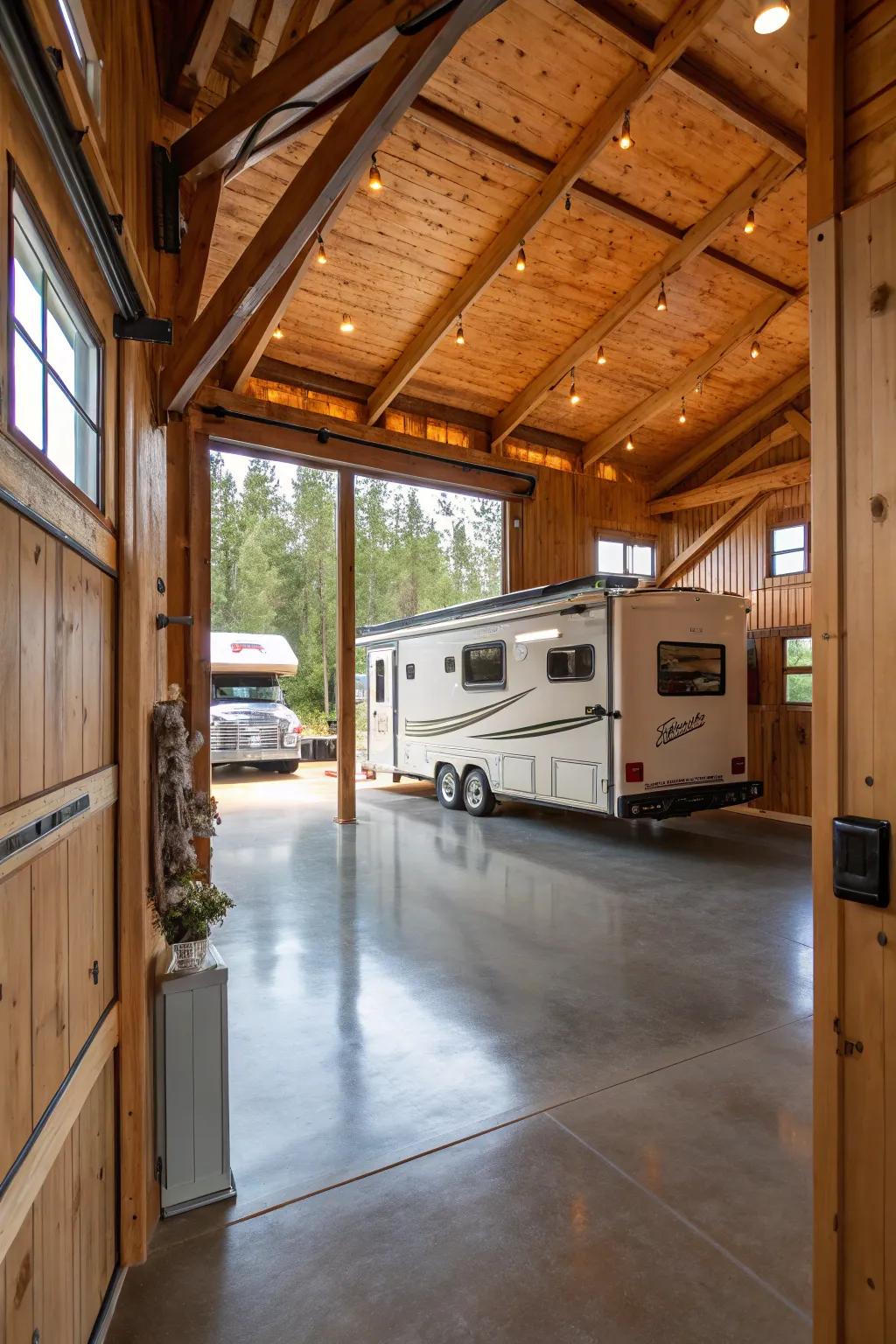 Country-style allure in an RV garage with retrieved timber and earthy hues.