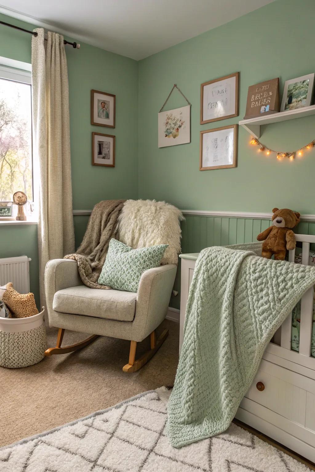 Cozy textiles in sage green add warmth and comfort to the nursery.