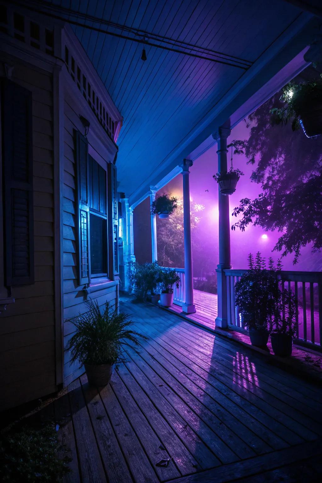 Moody lighting sets a chilling tone on this Halloween porch.