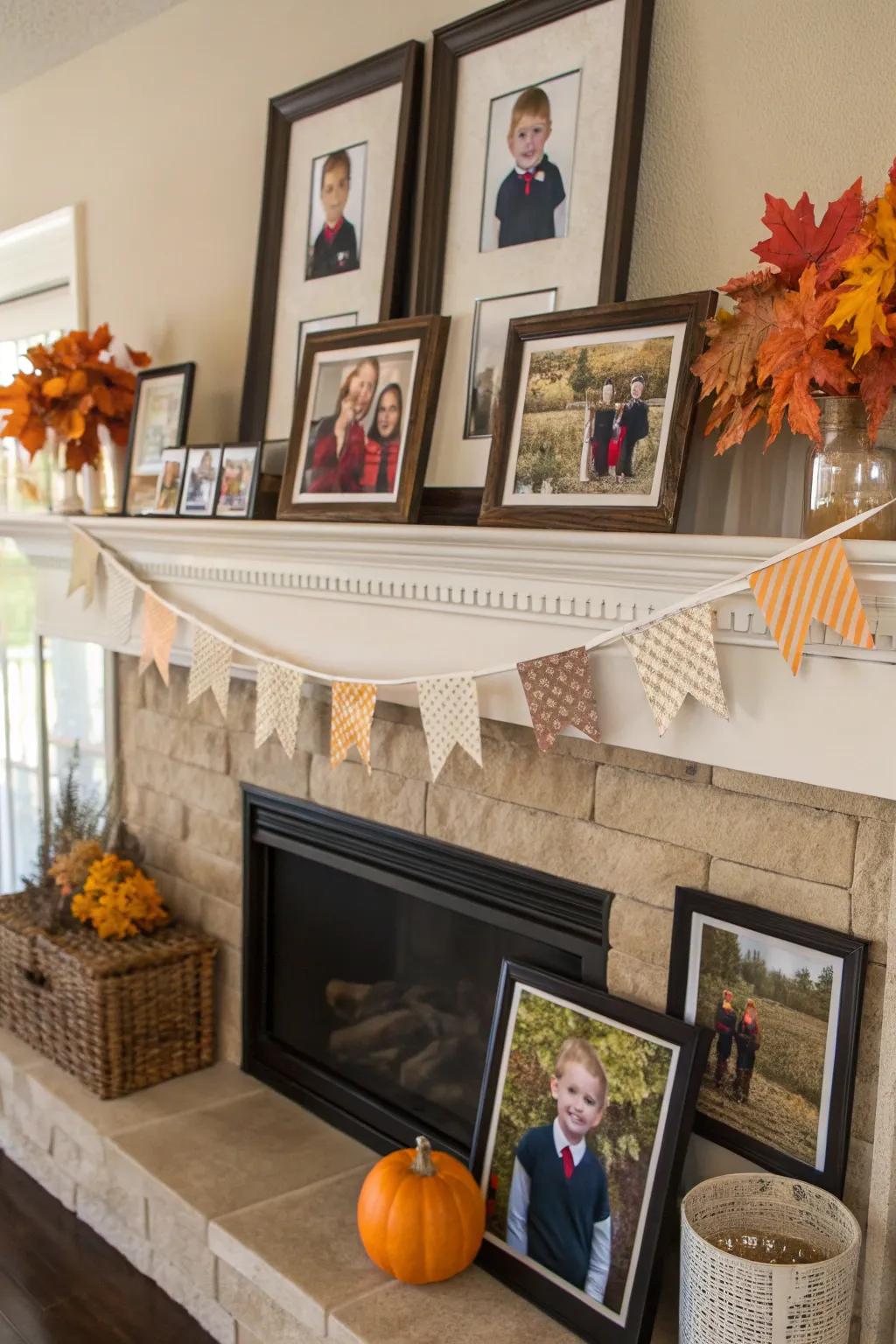School photos on a mantle.