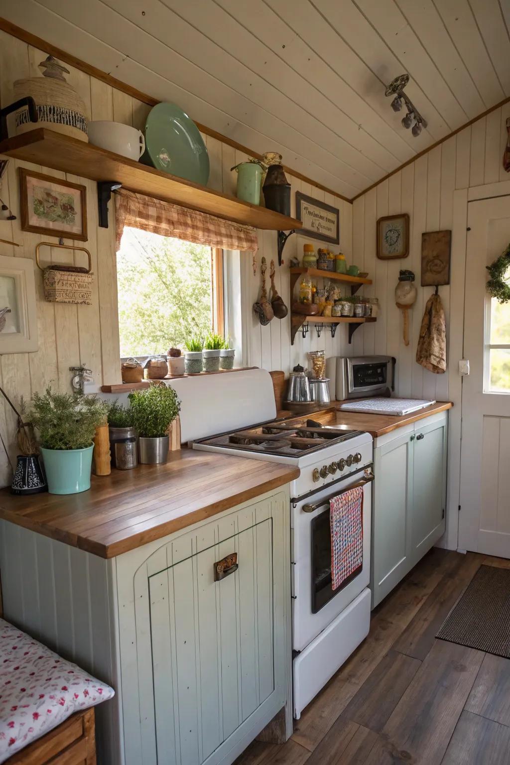 A compact shed home kitchen featuring vintage elements.