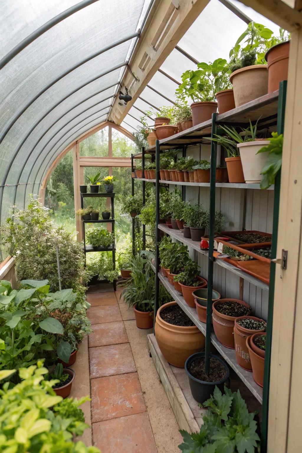 A shed transformed into a lush mini greenhouse, perfect for plant enthusiasts.