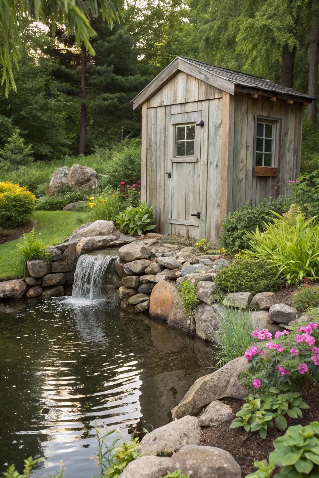 A serene setting with a shed near a calming water feature.