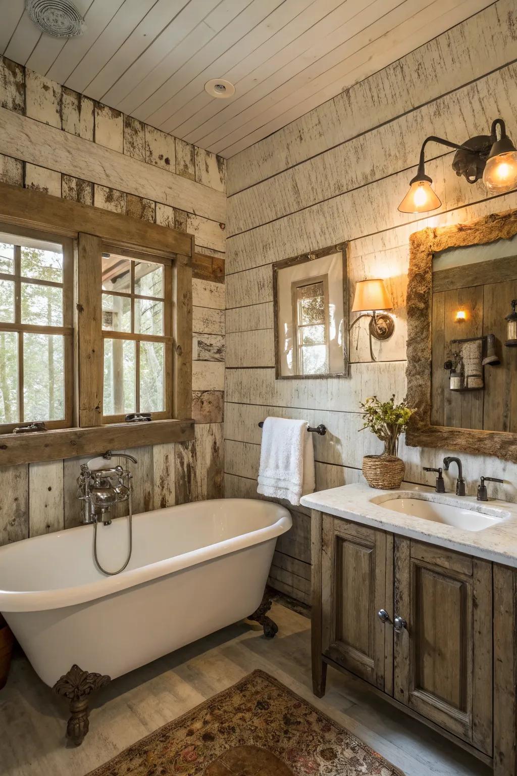 A bathroom with distressed shiplap walls and rustic decor.