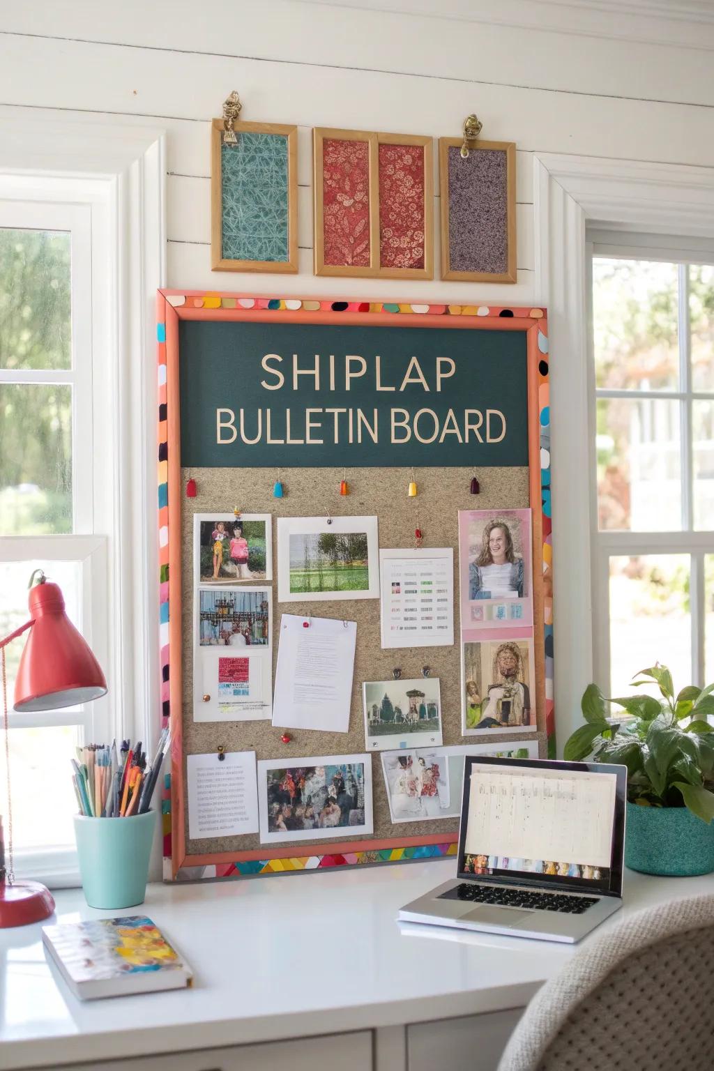 Add a joyful pop of color to your shiplap bulletin board.