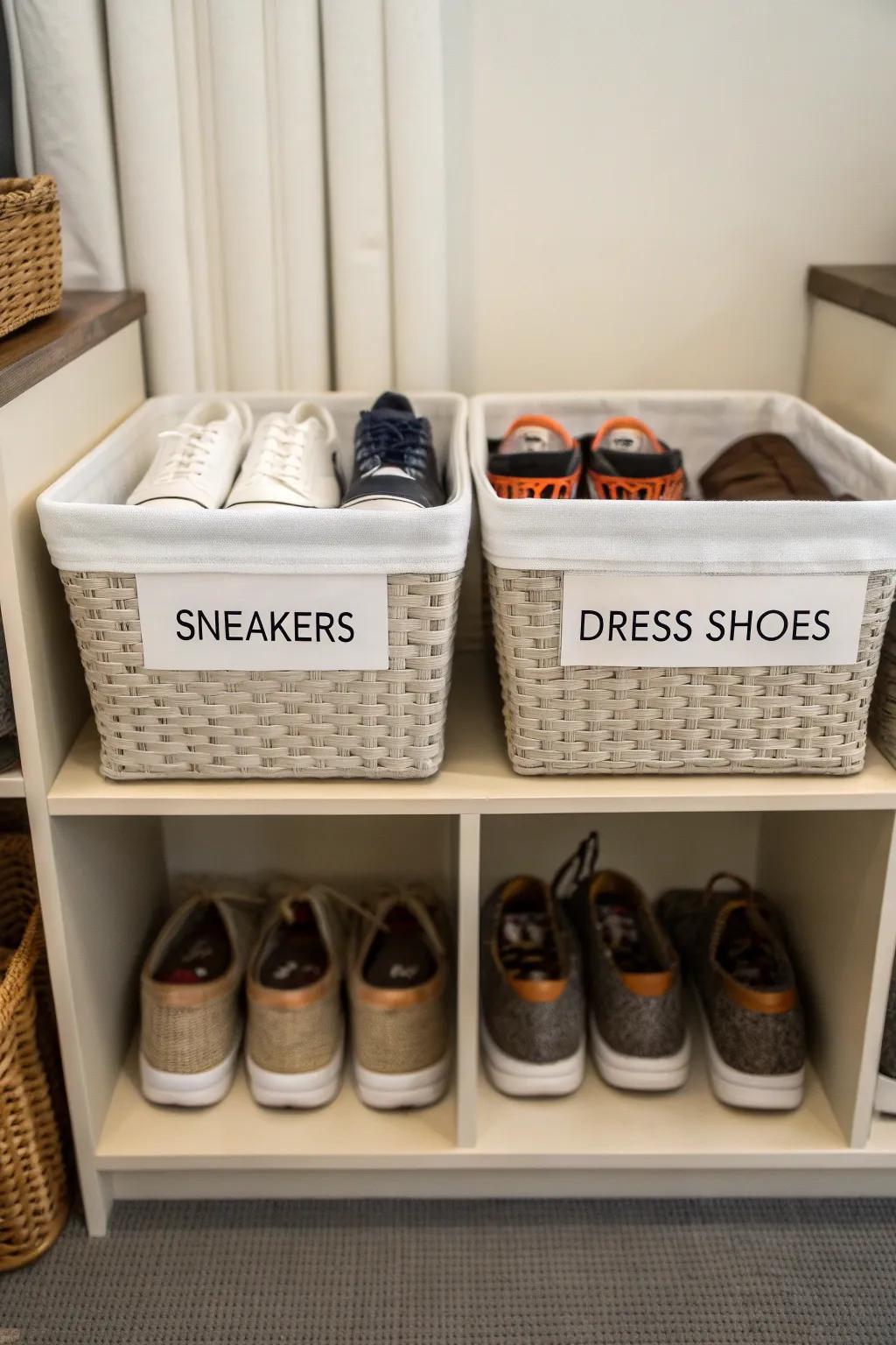 Labeled baskets make finding the right pair of shoes a breeze.