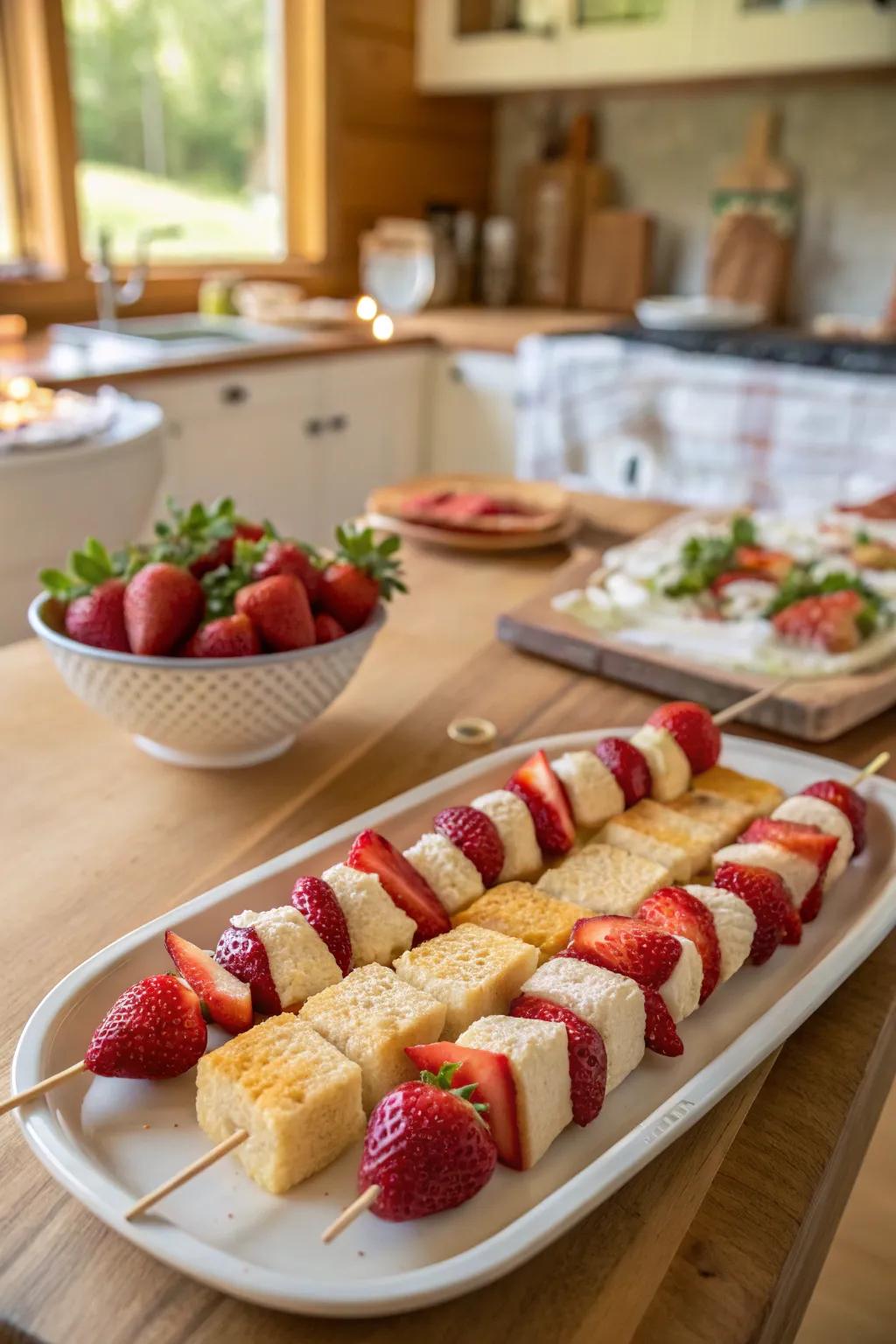 Delicious strawberry shortcake kabobs, perfect for a sweet treat.