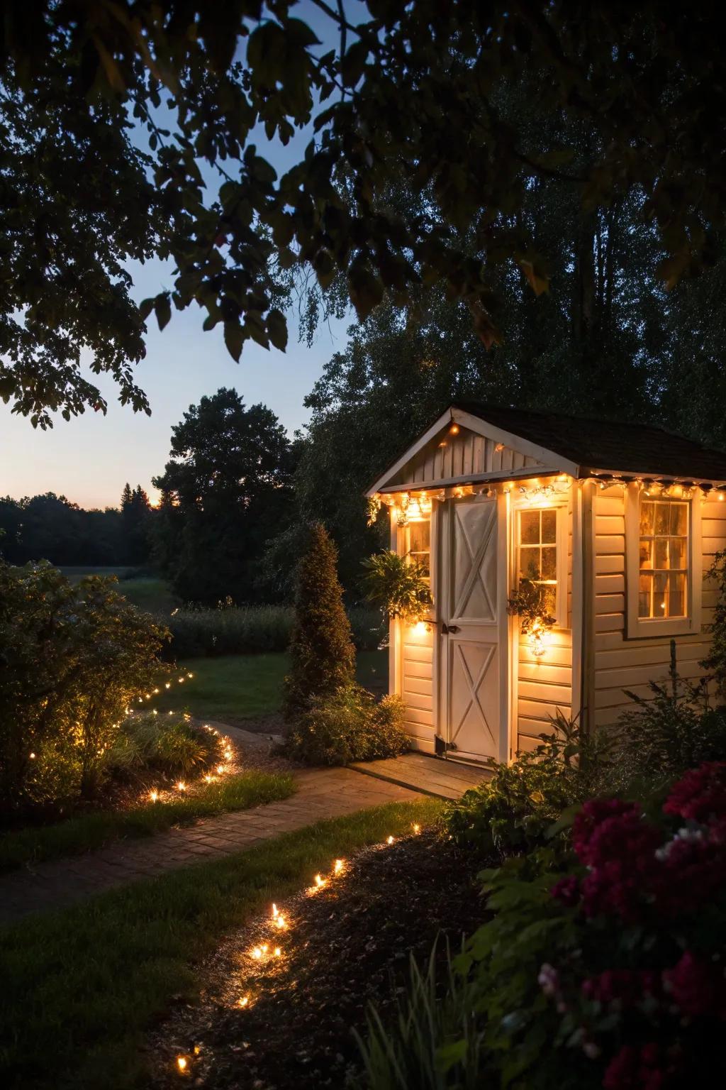 Decorative lighting can transform your shed into a nighttime focal point.