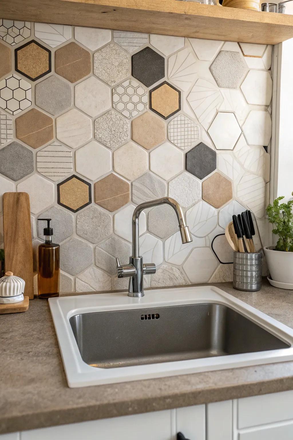 Geometric tiles create a modern and playful backdrop in the kitchen.