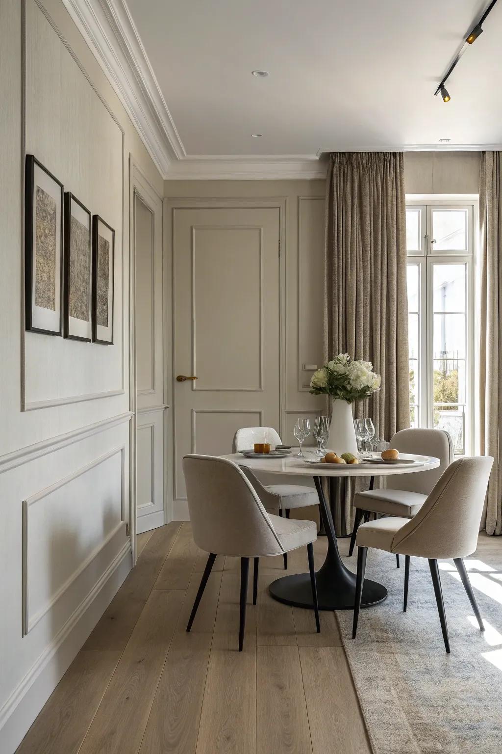 Sleek skirting boards for a minimalist, modern dining room.