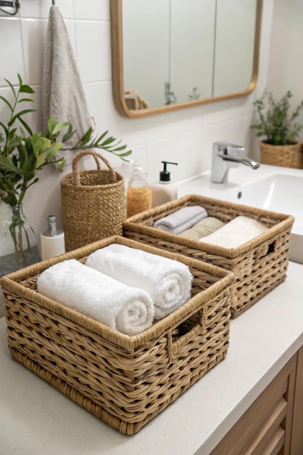 Handwoven containers bring natural charm and practical storage.