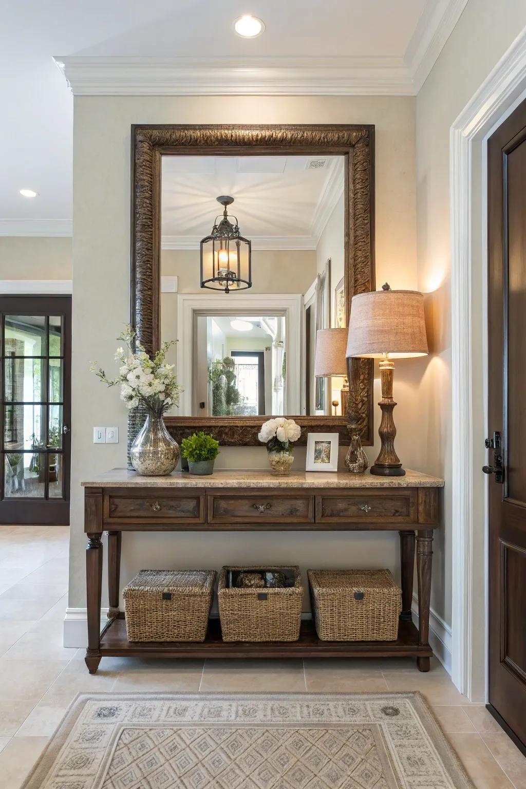 A mirror adding depth and brightness to the entryway.