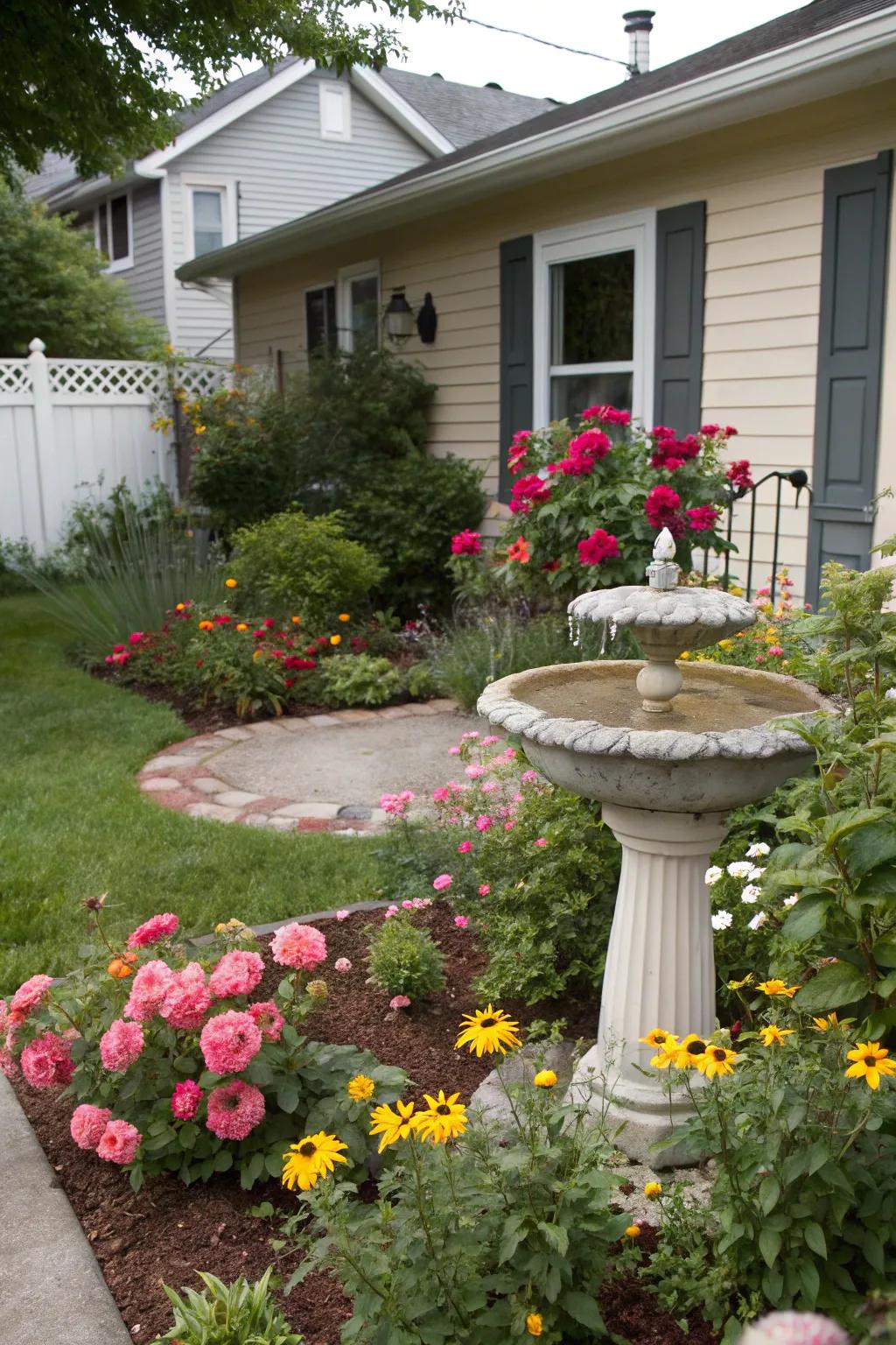 A mini water feature adds charm and tranquility.