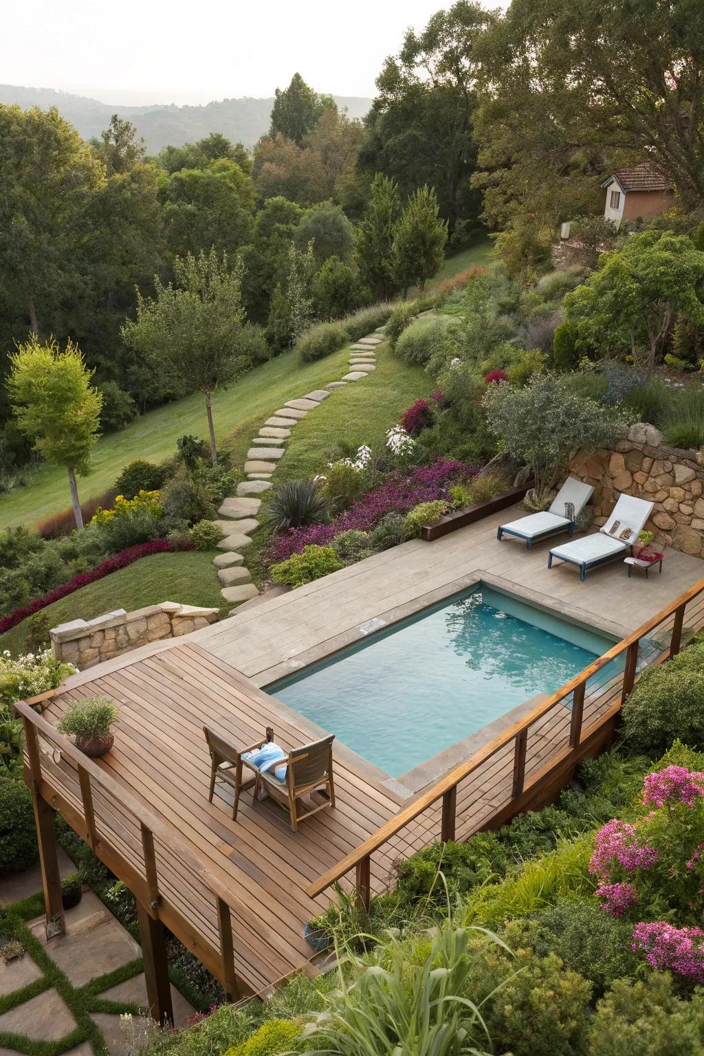 An above-ground pool with a deck, offering lovely garden views.