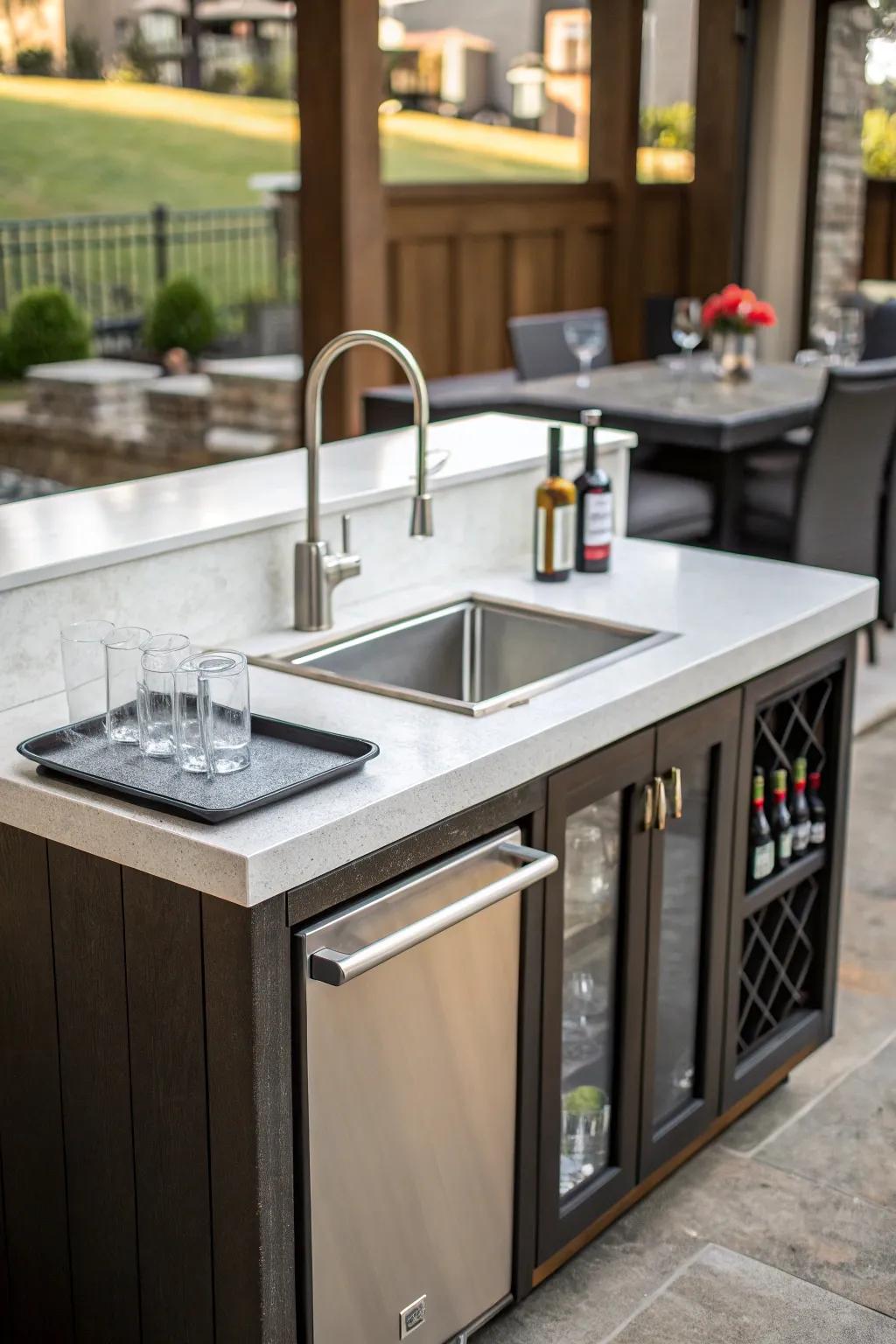 A modern integrated sink in a small wet bar for added functionality.