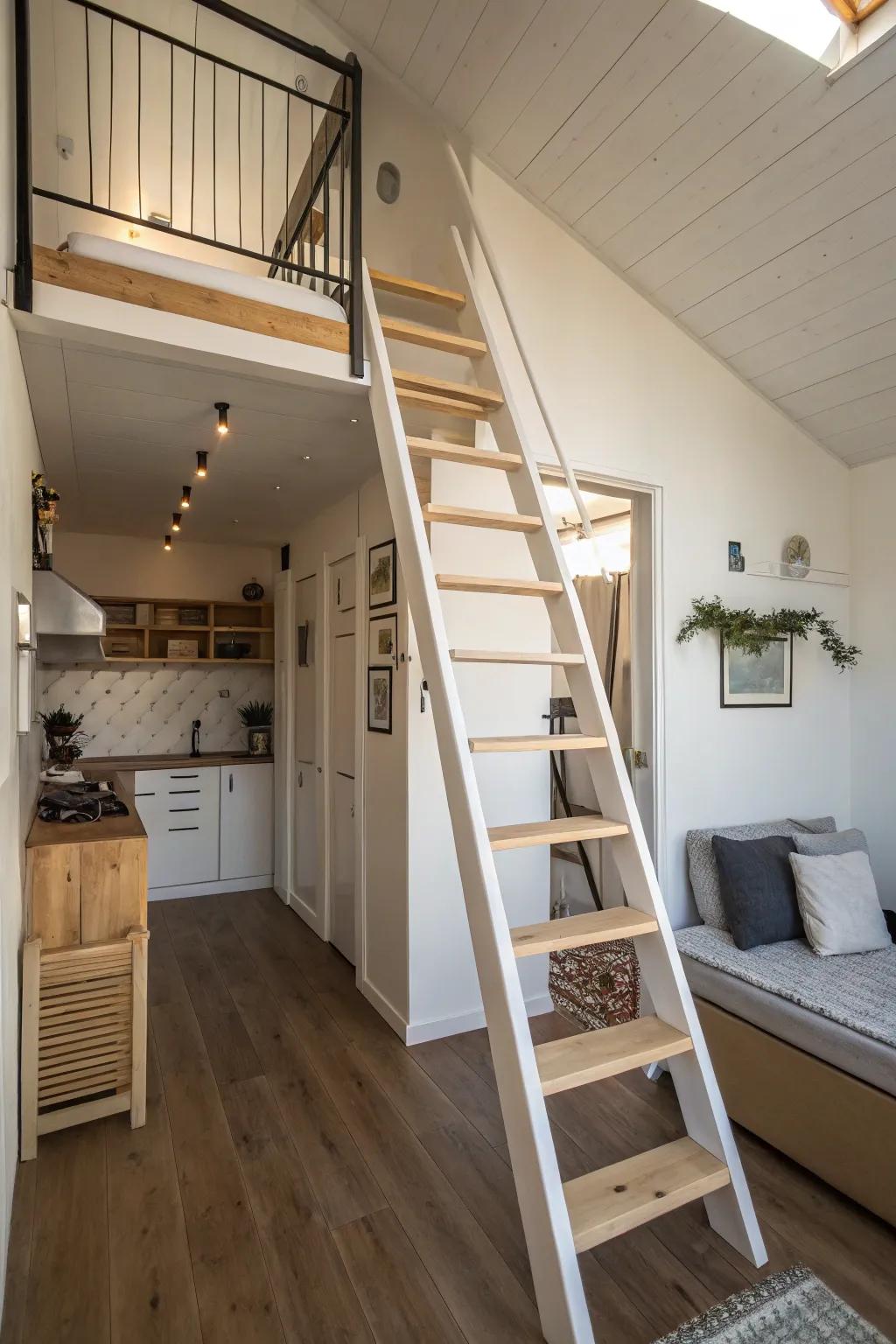 Vertical stairs to maximize space in a small studio apartment.