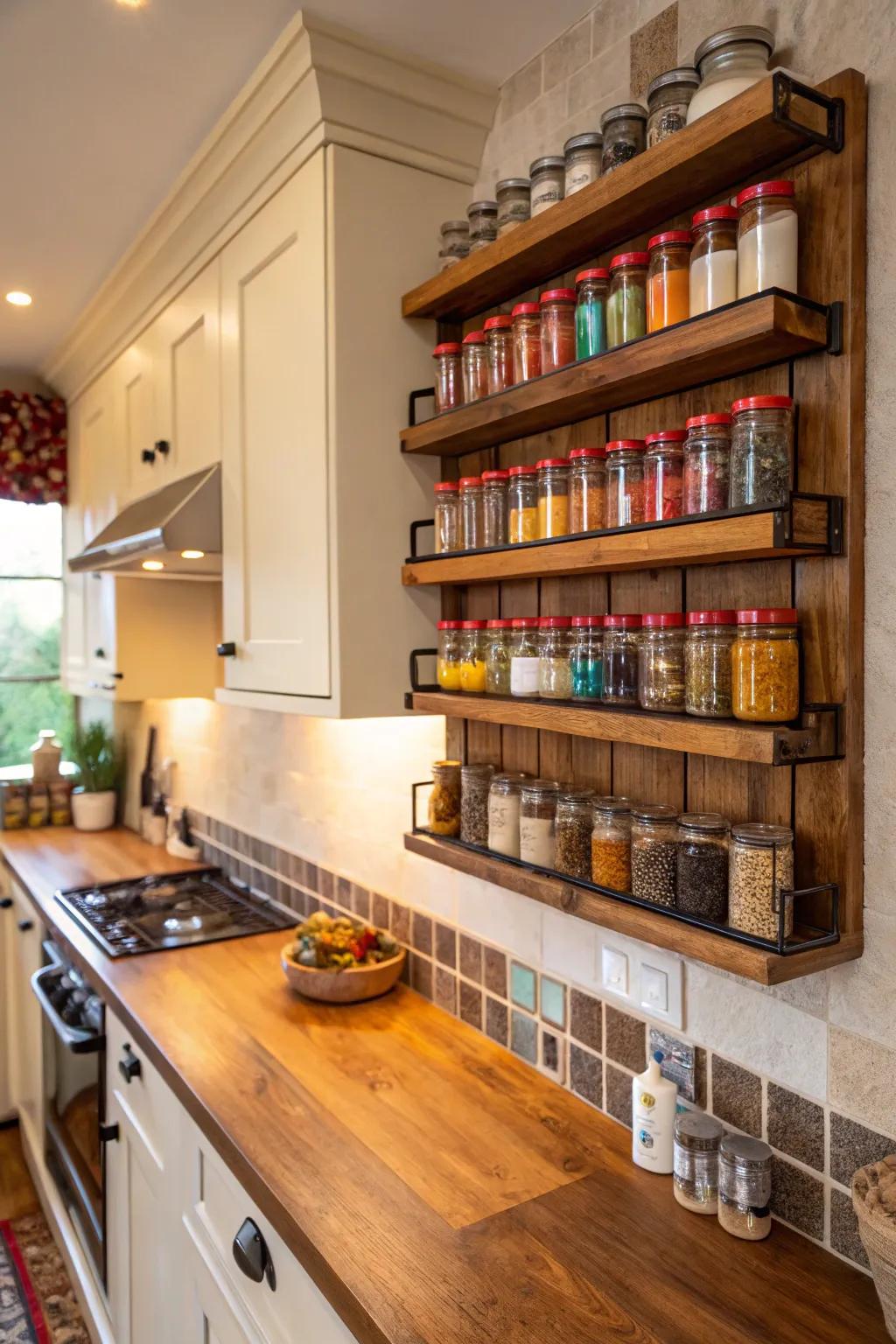 Wall-mounted shelves showcasing a colorful spice collection.