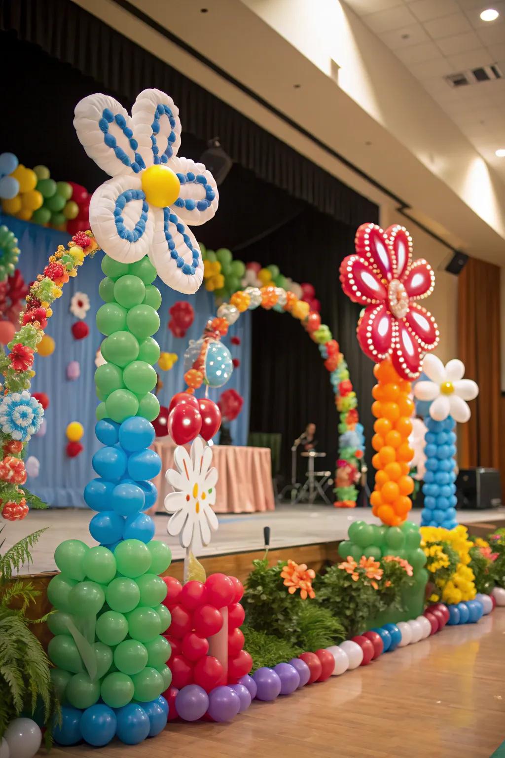 A stage bedecked with whimsical balloon floral formations.
