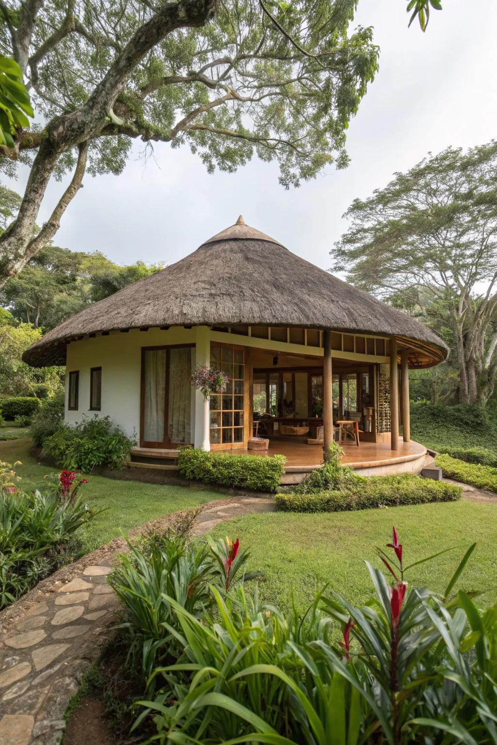 Circular house layout promoting community and nature.