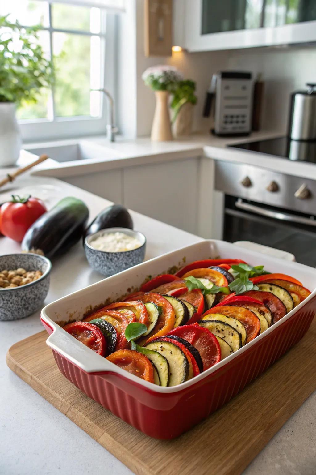 Vegetarian ratatouille bake, a vibrant celebration of fresh produce.