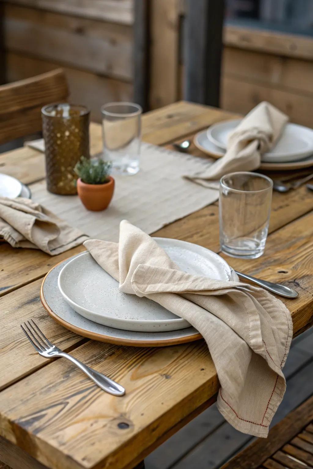 Napkin placements that are relaxed for a laid-back chic setup.