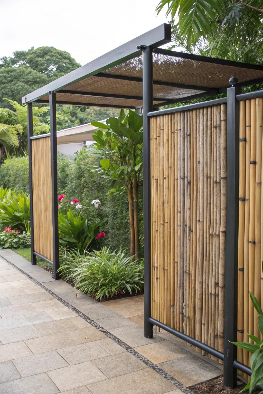 A mixed-material privacy screen combining bamboo and steel.