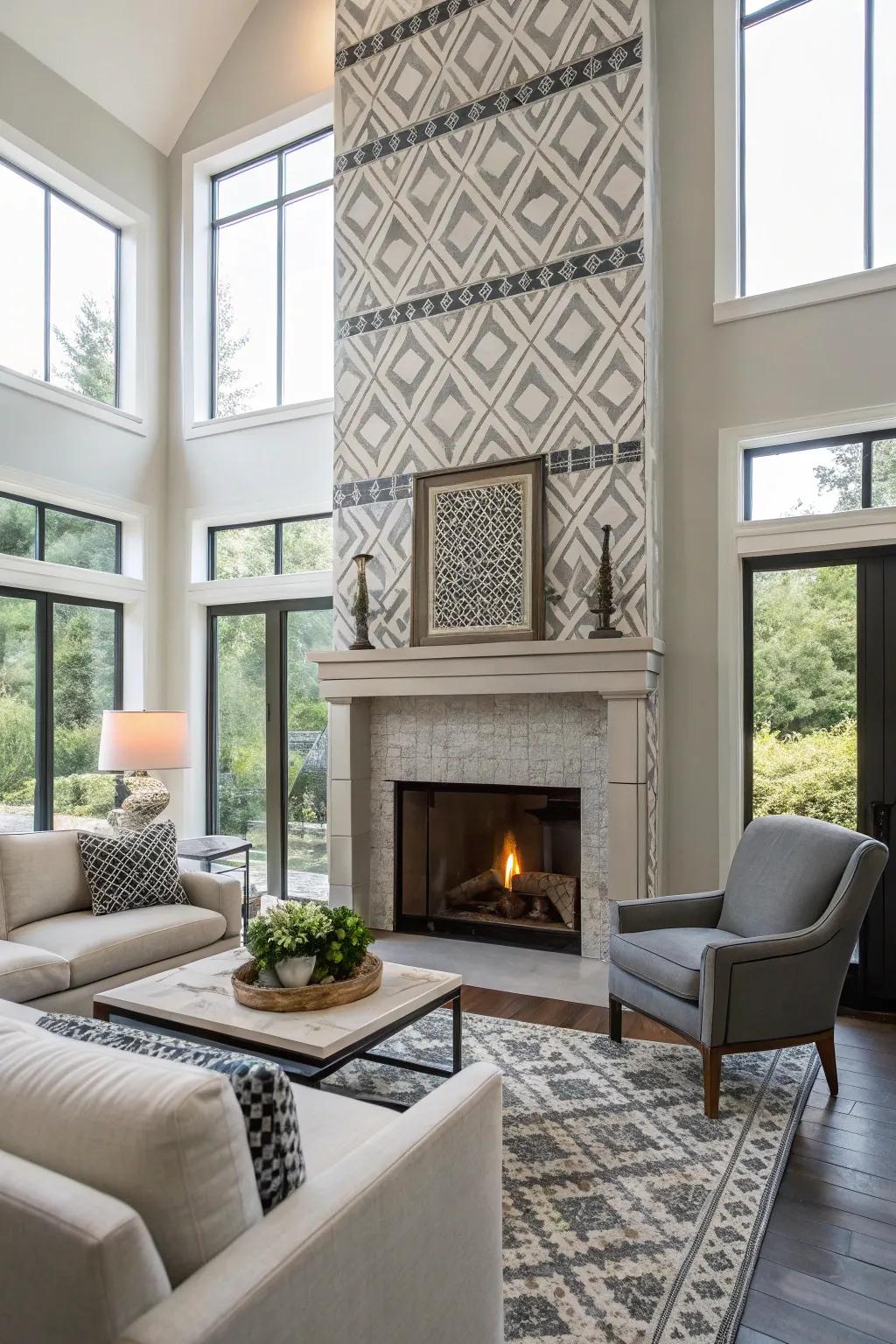 Geometric tiles add a modern twist to this contemporary fireplace.