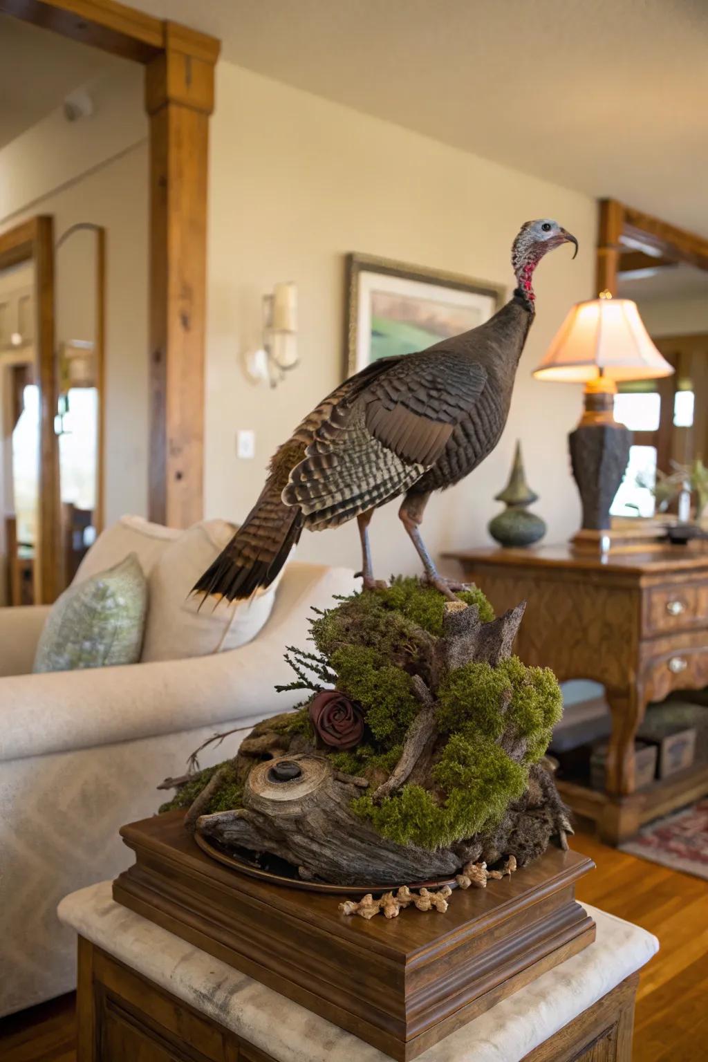 An artistic turkey mount display with natural elements.