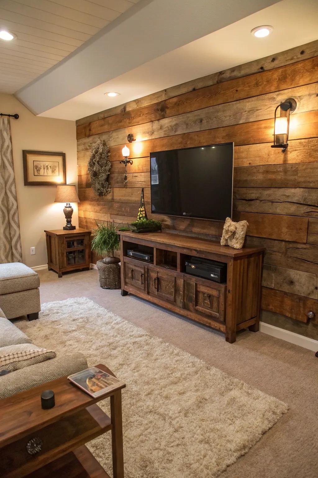 Reclaimed wood adds rustic charm to this TV accent wall, creating a warm and inviting atmosphere.