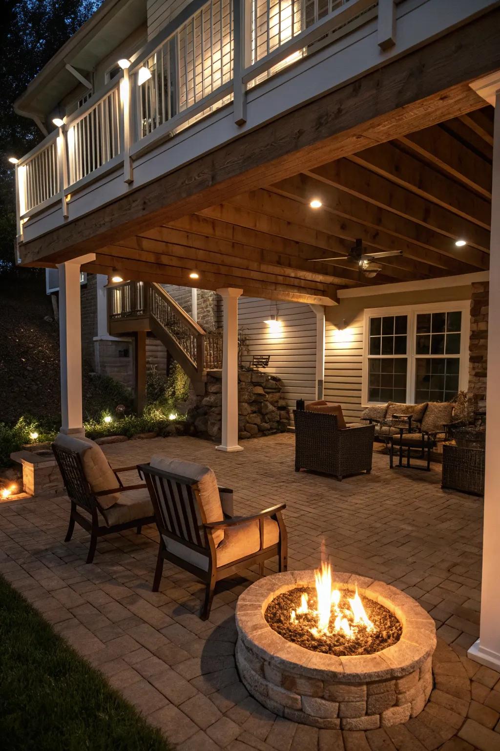 A cozy space under the deck with a central fireplace and welcoming seating.