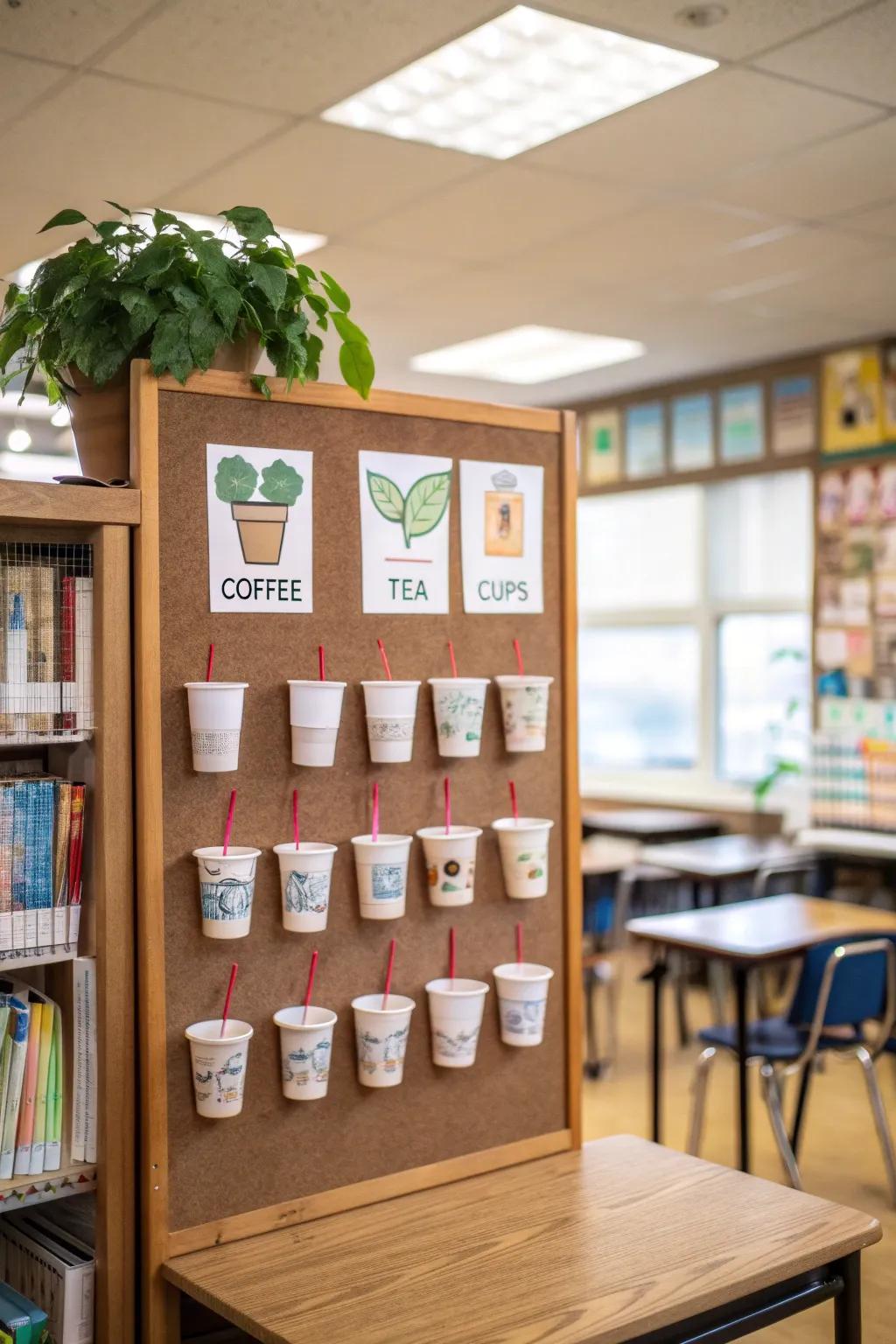 A Cup of Kindness bulletin board featuring coffee cup-shaped notes with kind acts.