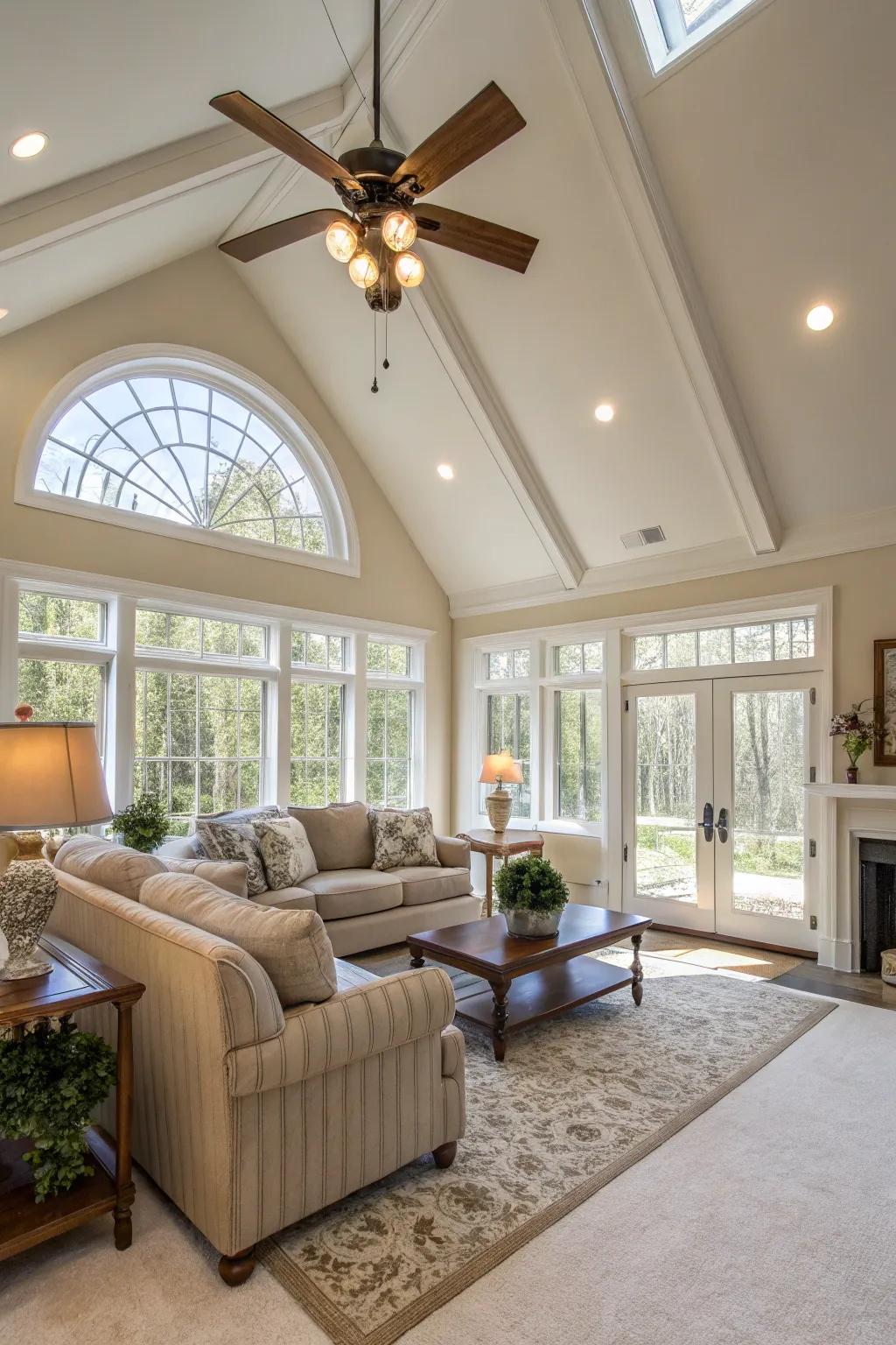 Ceiling fans with lights serve as a practical yet stylish solution.