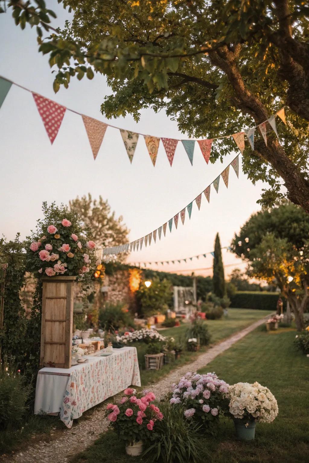 Colorful flags enhance the fanciful mood of a vintage garden celebration.