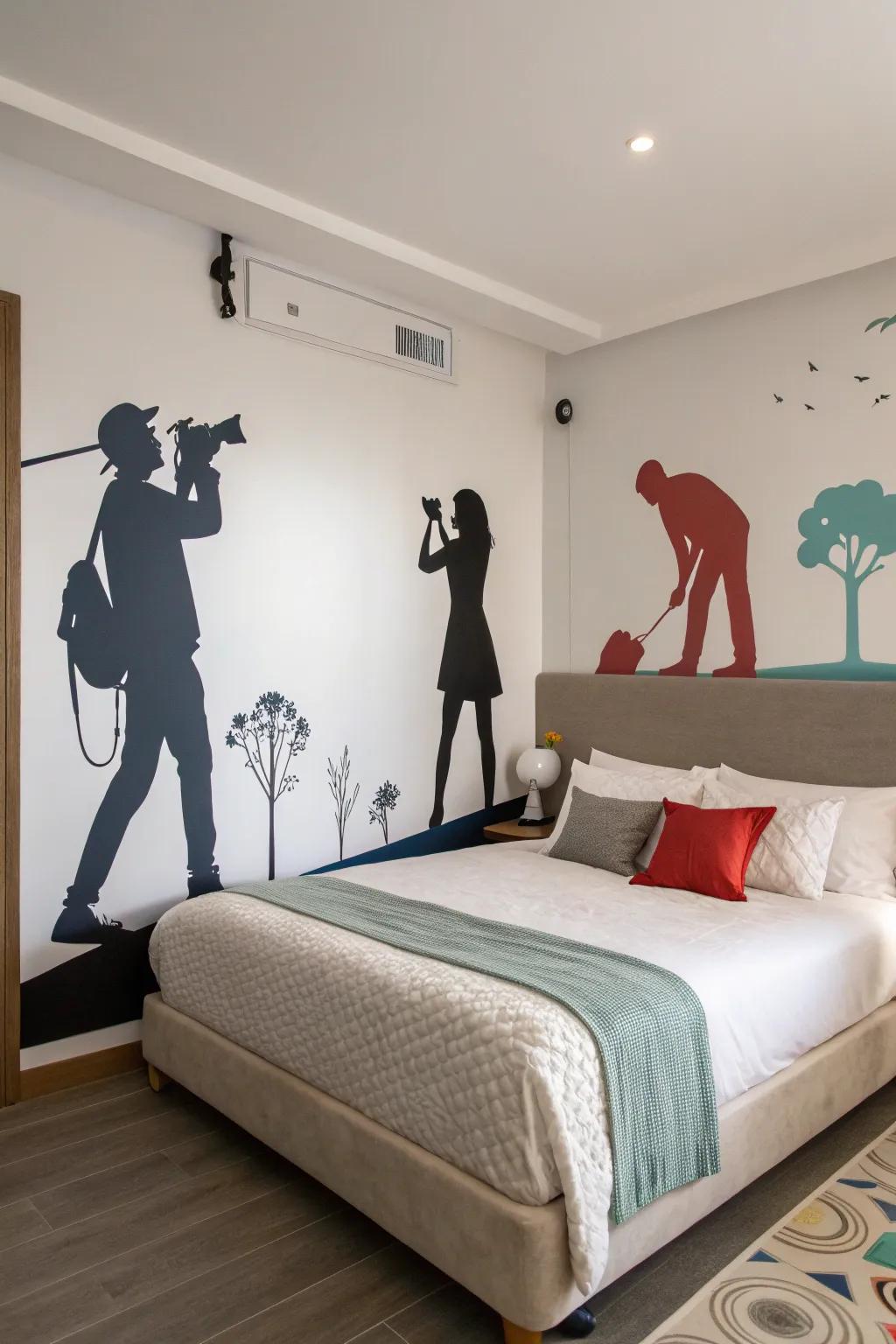 Artistic silhouettes add a gallery-like feel to the bedroom.