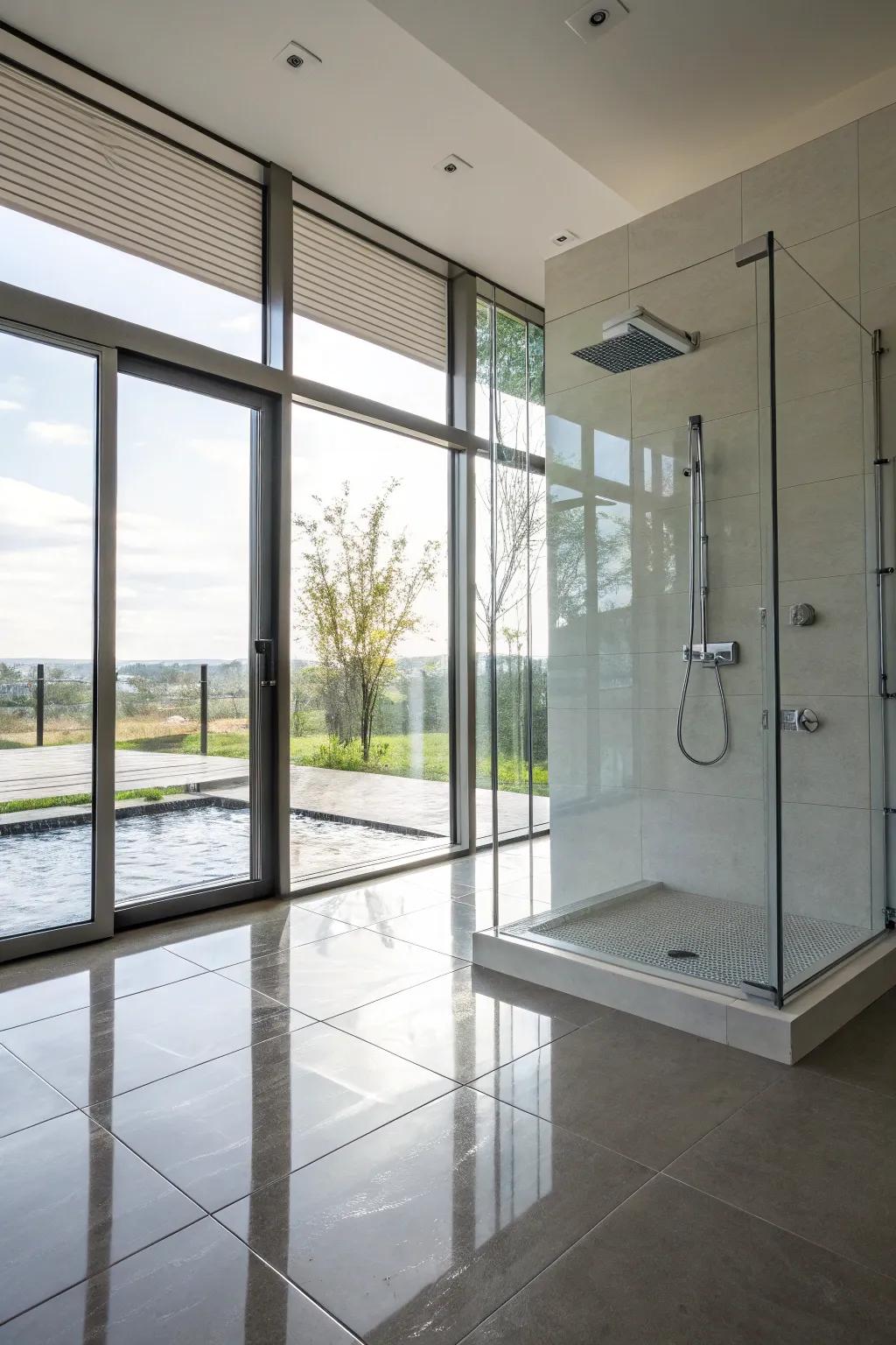 A bright wet room basking in natural light.