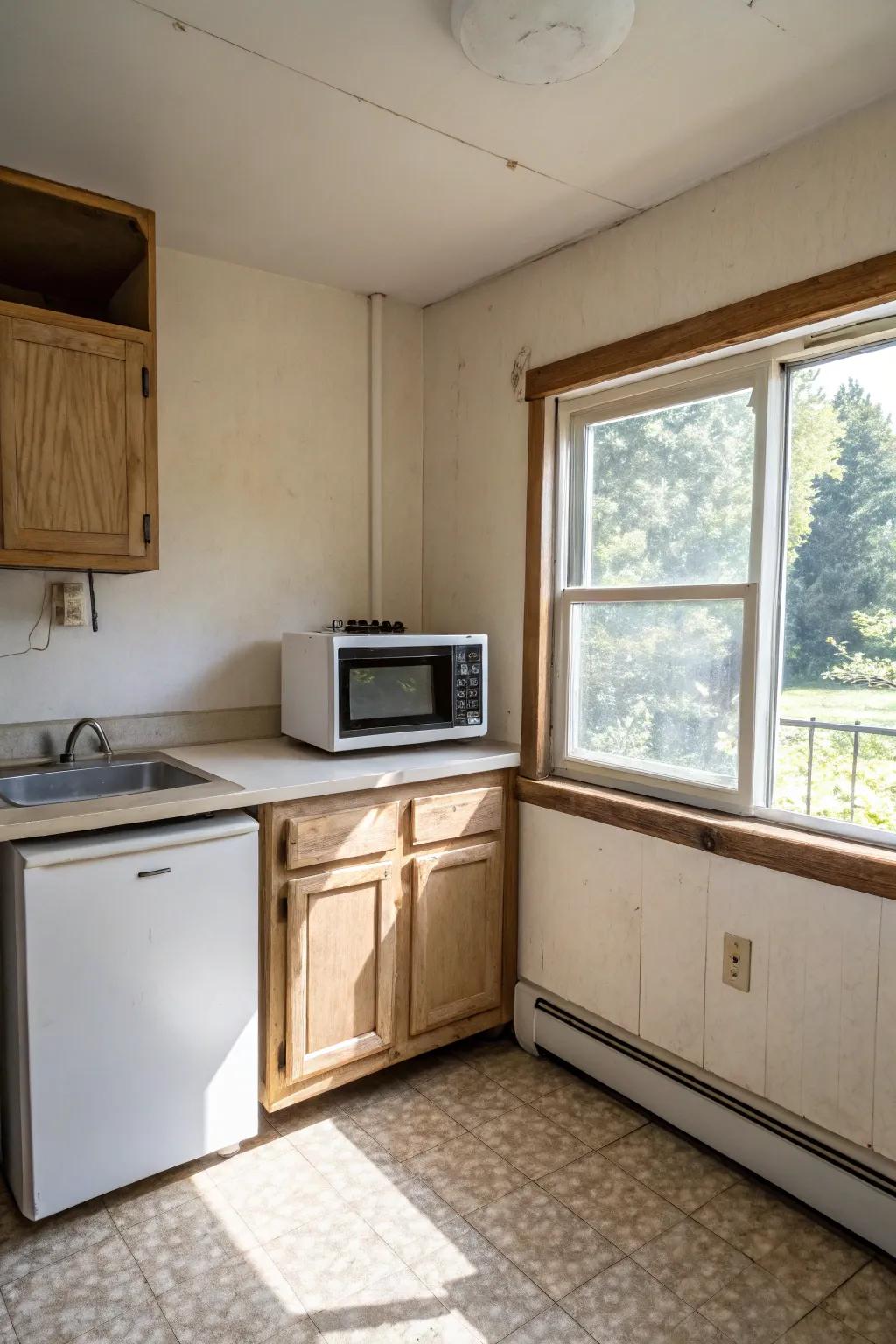 A microwave cleverly positioned in a kitchen corner.