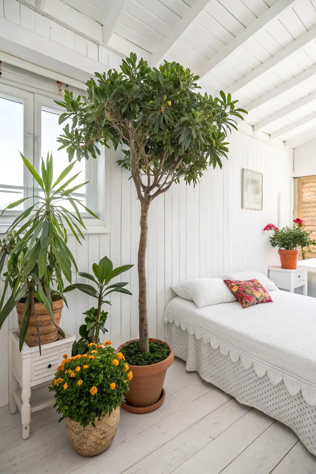 Greenery adds a refreshing contrast to a white bedroom.