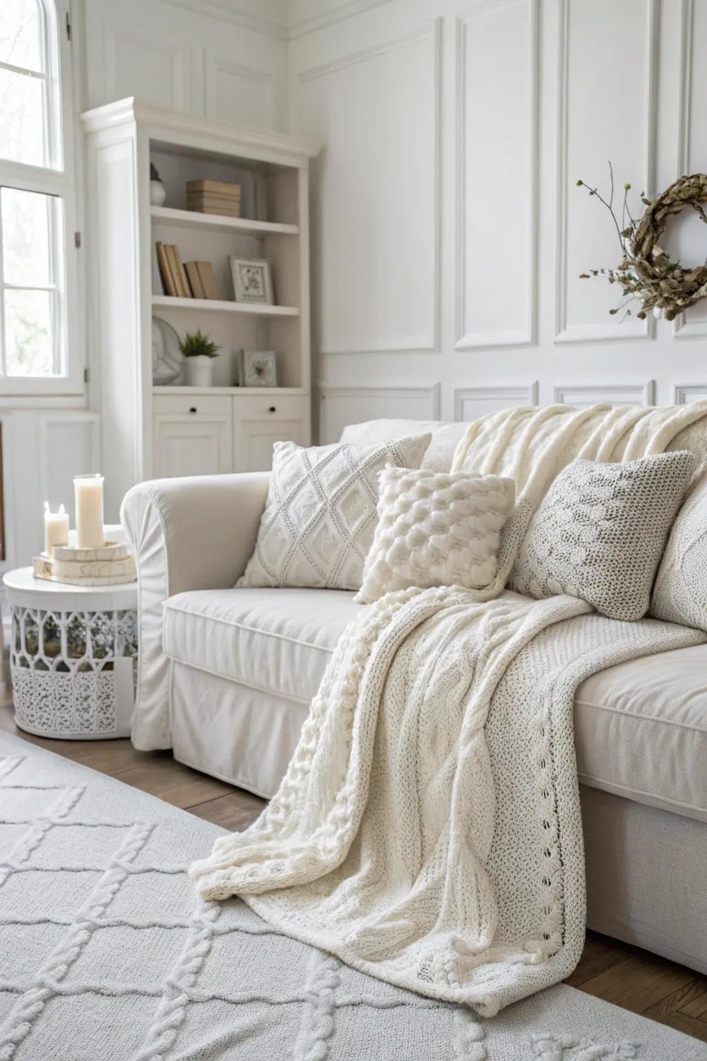 Knit throws and pillows invite comfort and warmth into your festive decor.