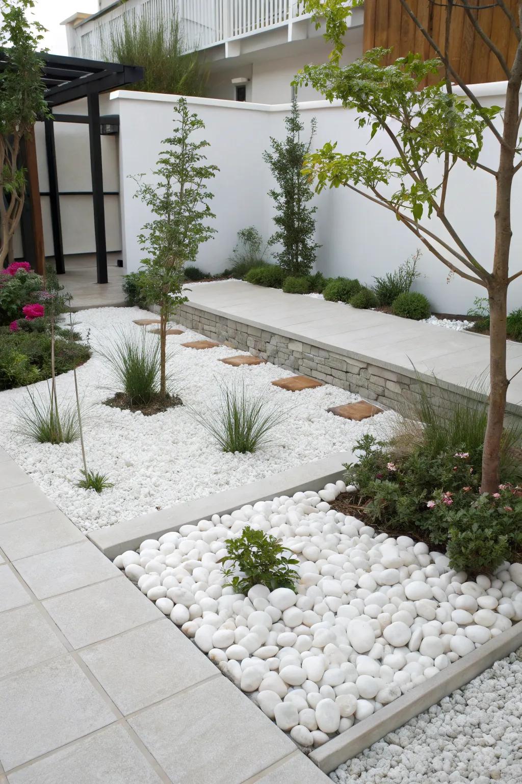 White pebbles offer a modern and minimalist garden touch.