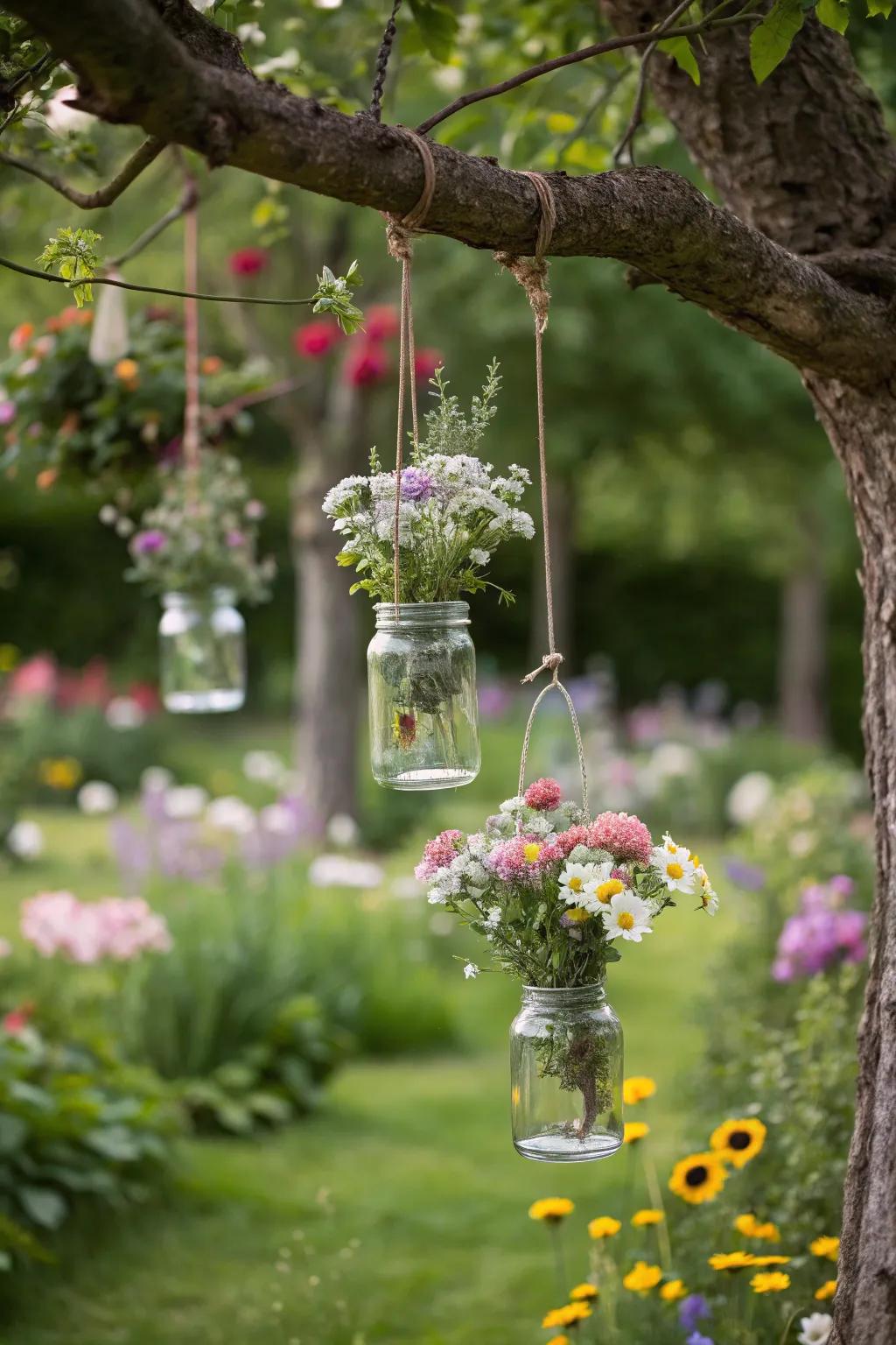 Hanging jars filled with wildflowers create a whimsical outdoor display.