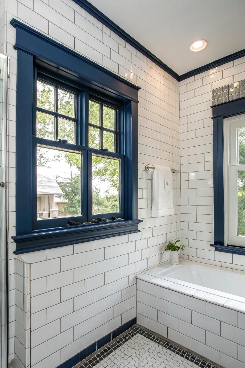 Navy blue trim adds a nautical feel to a bathroom.