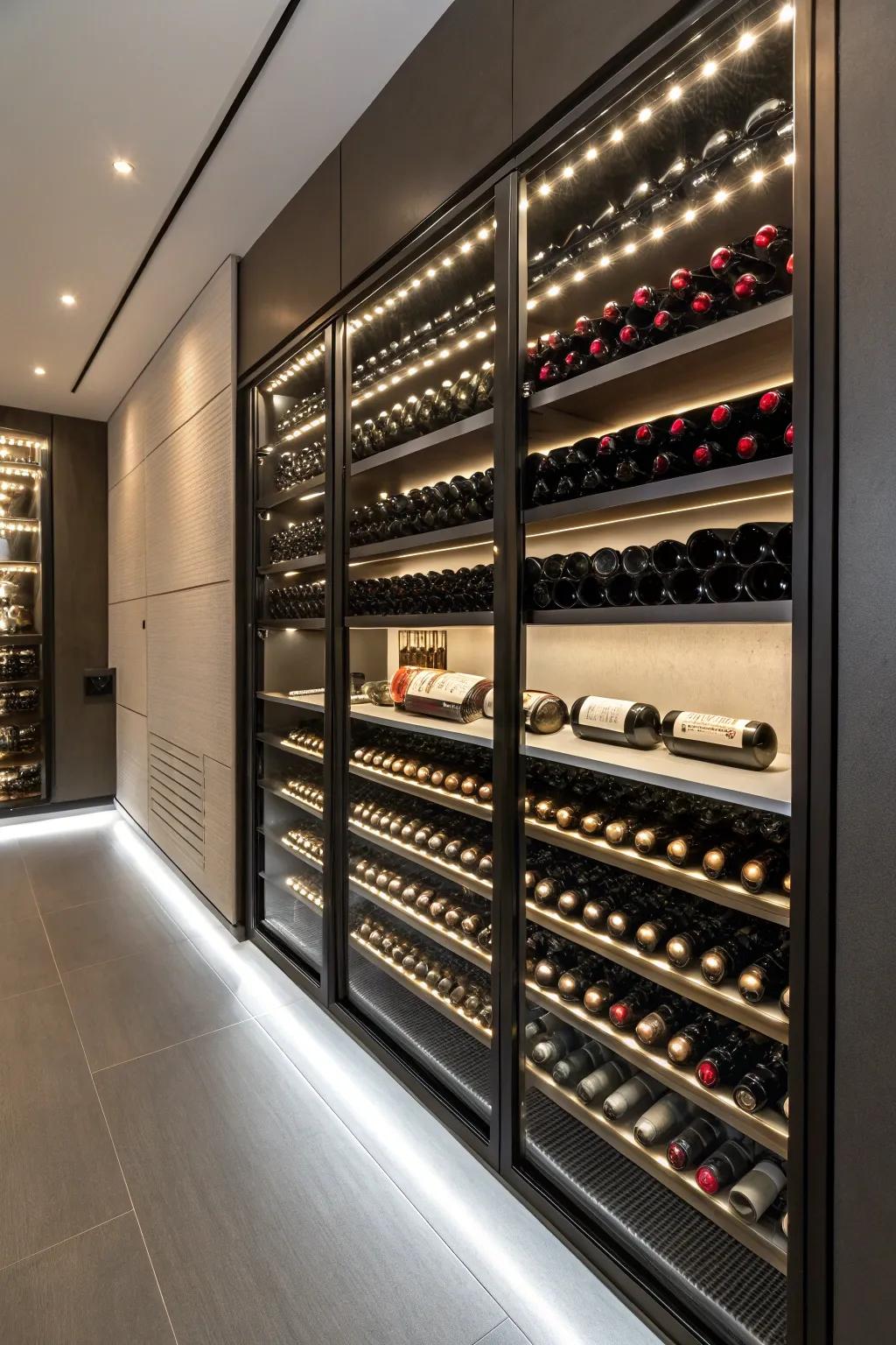 Modern LED strips outline wine shelves for a polished appearance.
