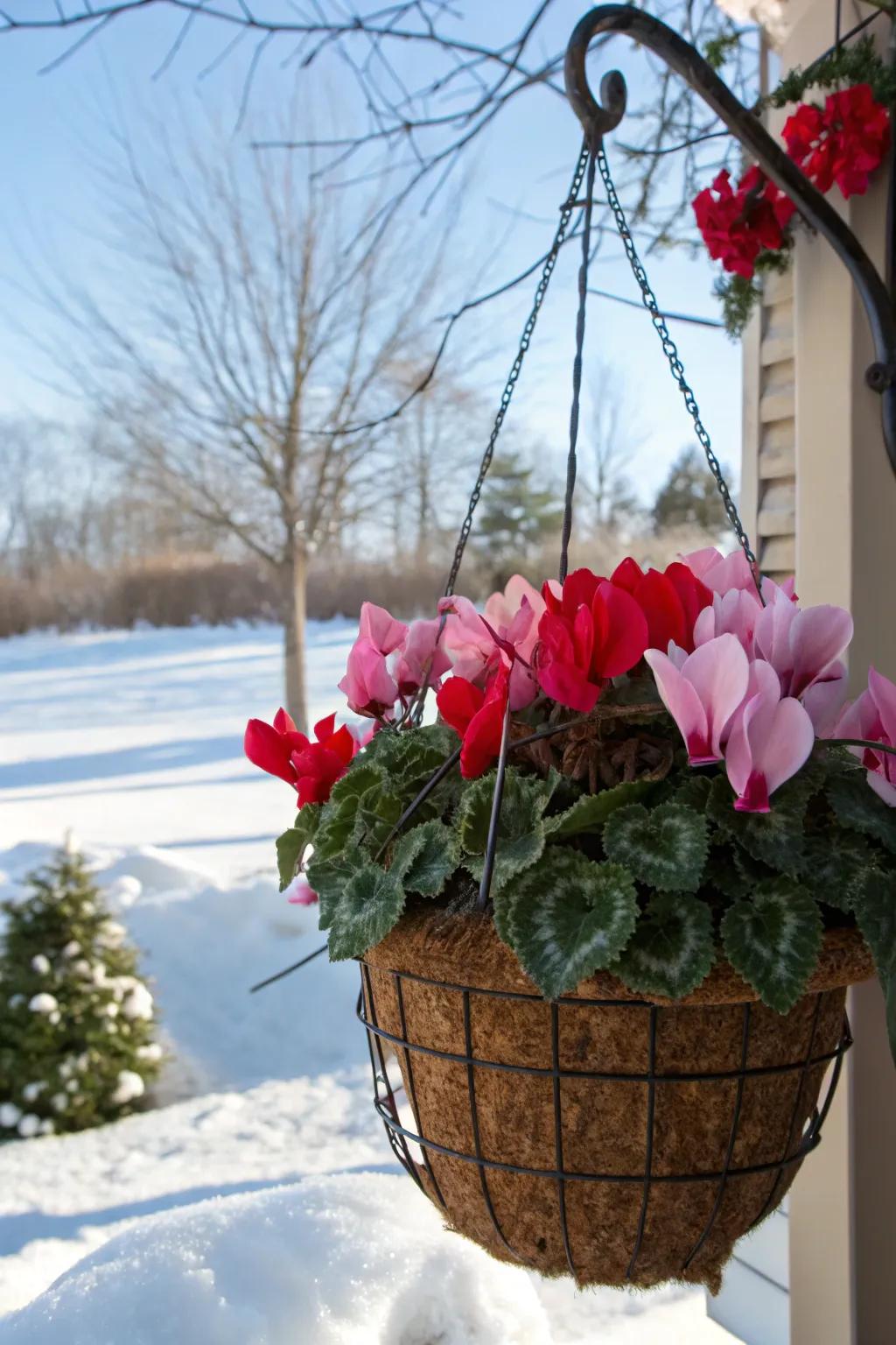 Cyclamen flowers brighten up any winter basket.