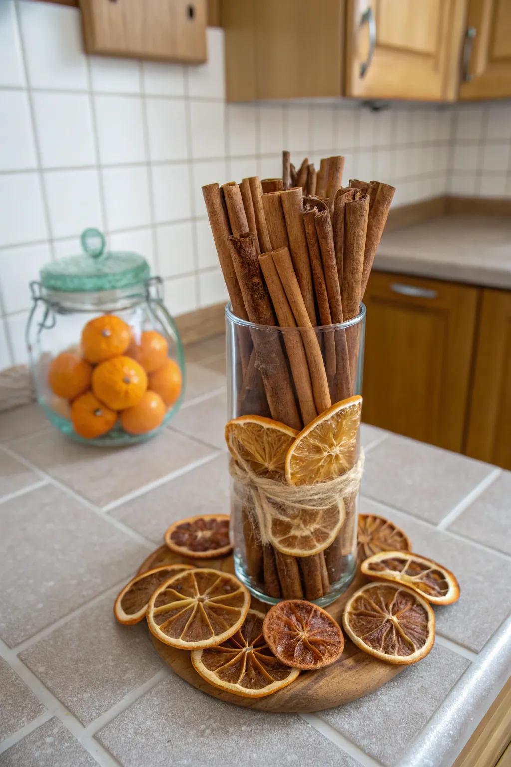 Citrus and spice create a cozy and aromatic decor piece.