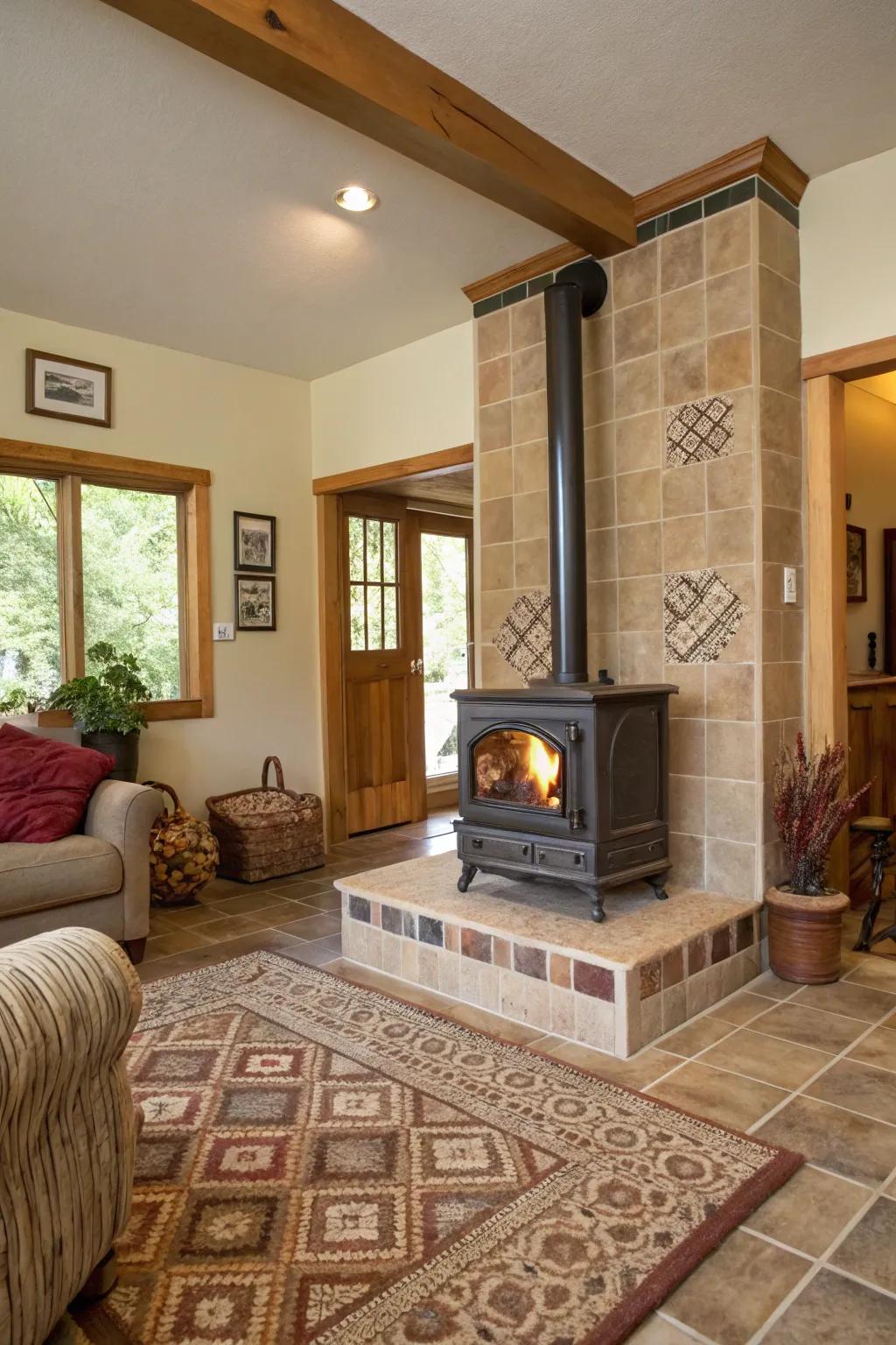 Earthy tiles bring a serene, nature-inspired feel to your wood stove area.