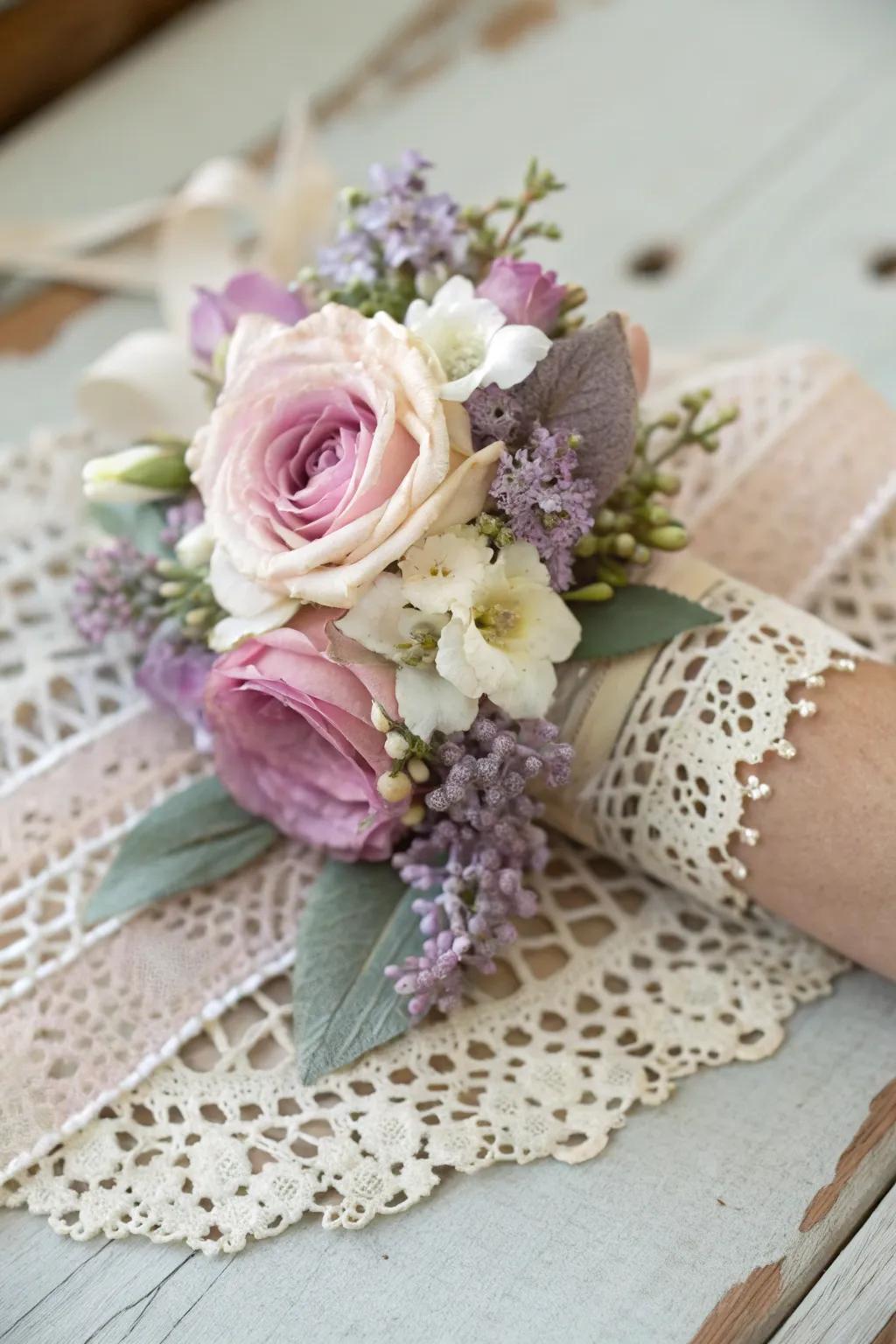 Vintage lace wrist adornment with pastel flowers.
